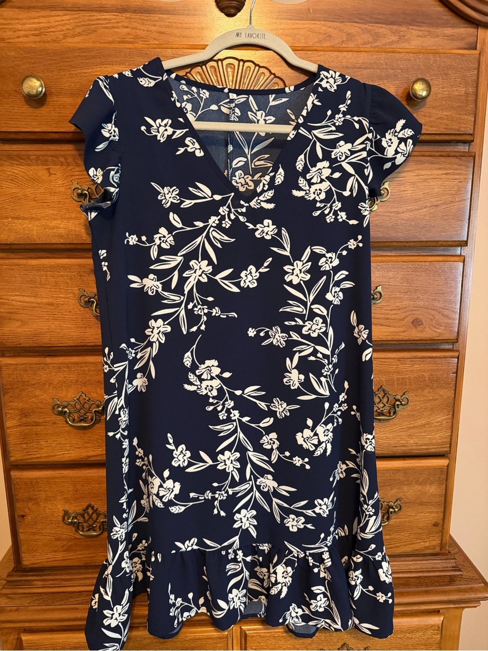 Navy Blue Floral V-Neck Ruffle Hem Dress